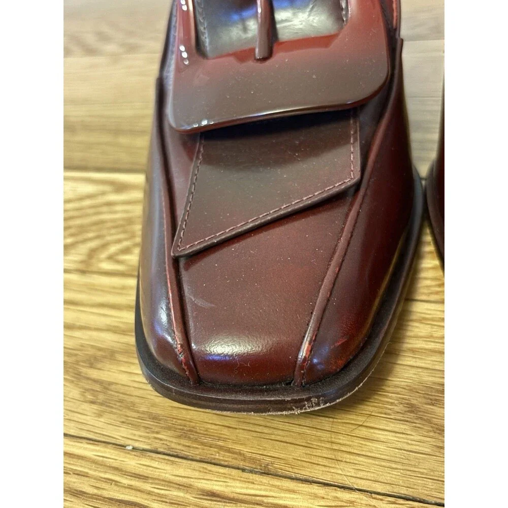 Tory Burch Burgundy Buckle Loafers Curved Block Heels Wild Berry Leather 10 - Picture 3 of 16
